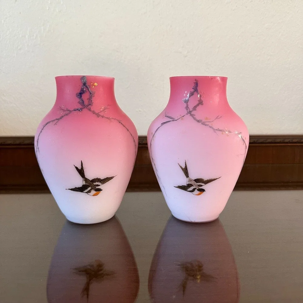 2 Antique Victorian MT WASHINGTON Satin Pink Quilted Cased Glass Vase Bird Vines